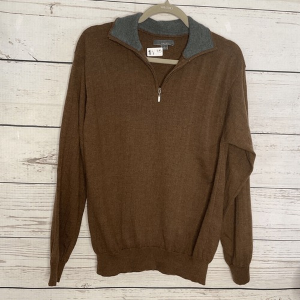 Cezani Sweater Mens Large Brown 100% Extra Fine Merino Wool 1/3‎ Zip Minimalist